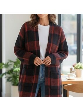 Atmosphere Rust Red & Black Plaid Open-Front Cardigan Small Alpine Western